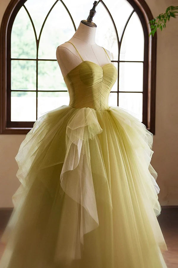Wholesale Green Ruffle Long A-Line Prom Dresses Spaghetti Straps Backless Evening Dresses