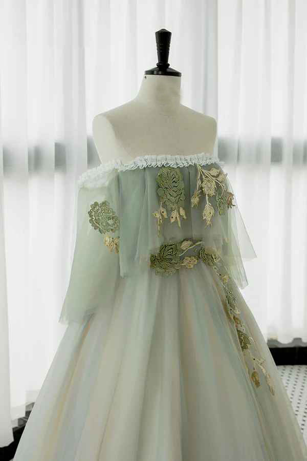 Wholesale Green Tulle Lace Long Prom Dress Off Shoulder Evening Formal Dress