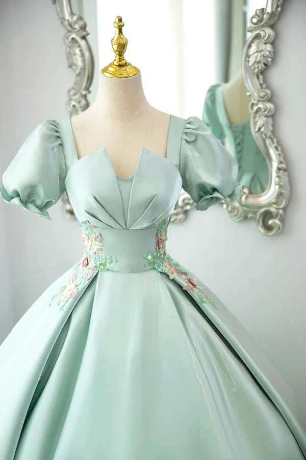 Wholesale Green Satin Lace Long Prom Dress Beautiful A-Line Short Sleeve Evening Party Dress