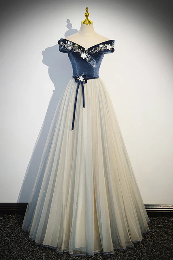 Wholesale Blue Beading Appliques V-Neck Floor Length Prom Dress Off the Shoulder Princess A-Line Formal Dress