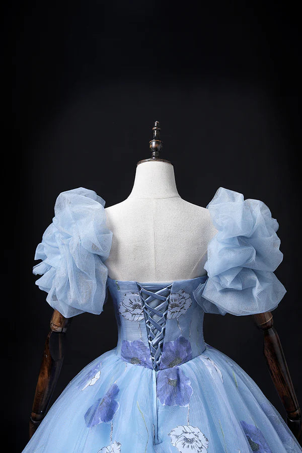 Wholesale Beautiful Floral Tulle Long Prom Dress Blue Short Sleeve Evening Dress