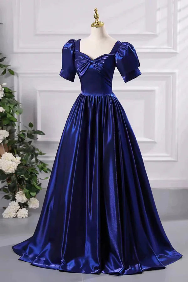 Wholesale Blue Satin Floor Length Prom Dress A-Line Short Sleeve Backless Evening Party Dress