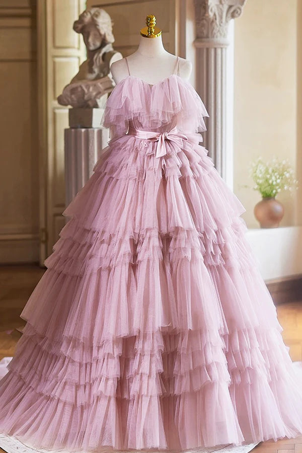 Wholesale Ball Gown Pink Tulle Spaghetti Strap Long Prom Evening Dress Pink Sweet 16 Dress