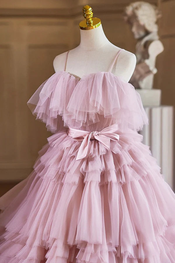 Wholesale Ball Gown Pink Tulle Spaghetti Strap Long Prom Evening Dress Pink Sweet 16 Dress