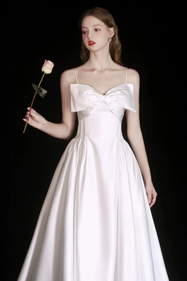 Wholesale Cute Satin Tea Length Prom Dress White Spaghetti Strap A-Line Evening Party Dress