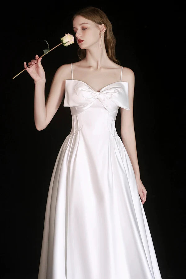 Wholesale Cute Satin Tea Length Prom Dress White Spaghetti Strap A-Line Evening Party Dress