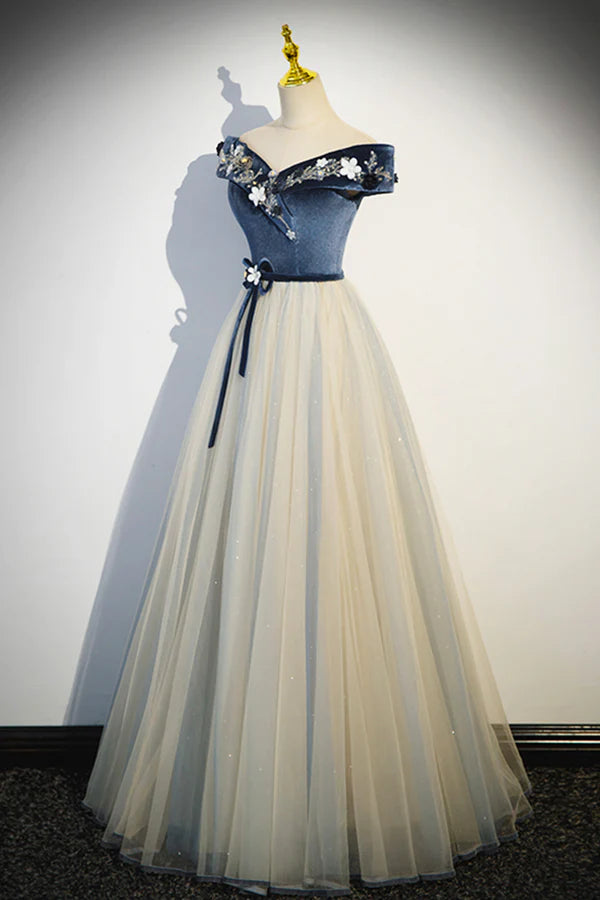 Wholesale Blue Beading Appliques V-Neck Floor Length Prom Dress Off the Shoulder Princess A-Line Formal Dress