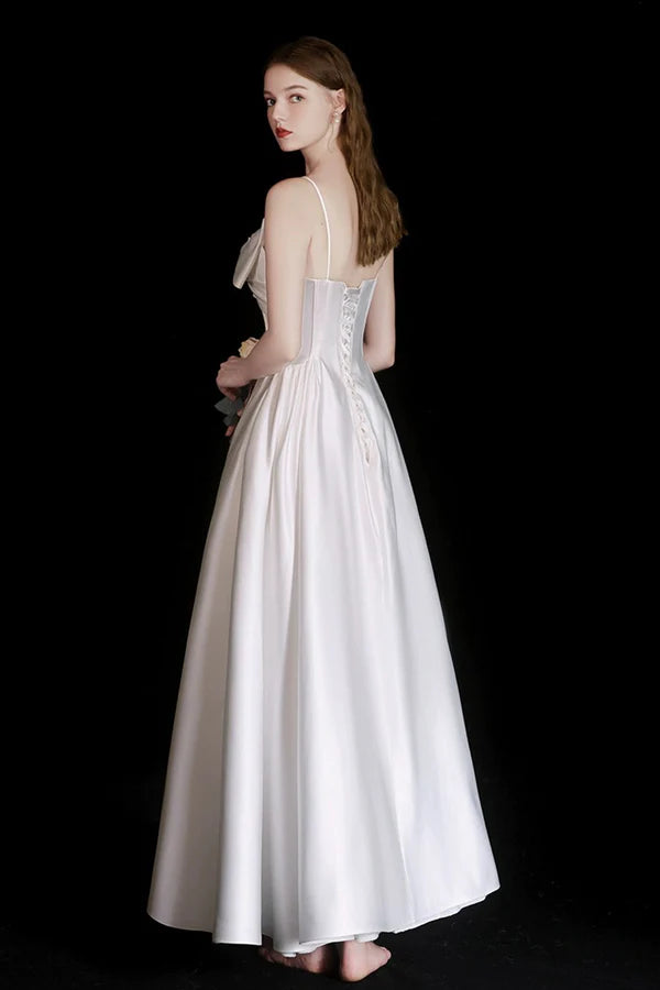 Wholesale Cute Satin Tea Length Prom Dress White Spaghetti Strap A-Line Evening Party Dress
