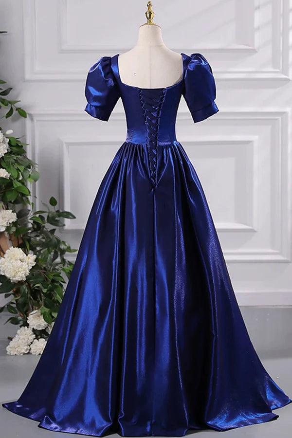 Wholesale Blue Satin Floor Length Prom Dress A-Line Short Sleeve Backless Evening Party Dress