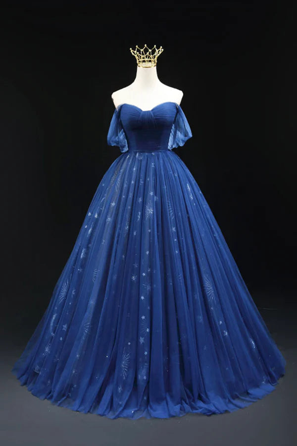 Wholesale Beautiful Navy Blue Tulle Long Prom Dress Off the Shoulder A-Line Backless Formal Dress