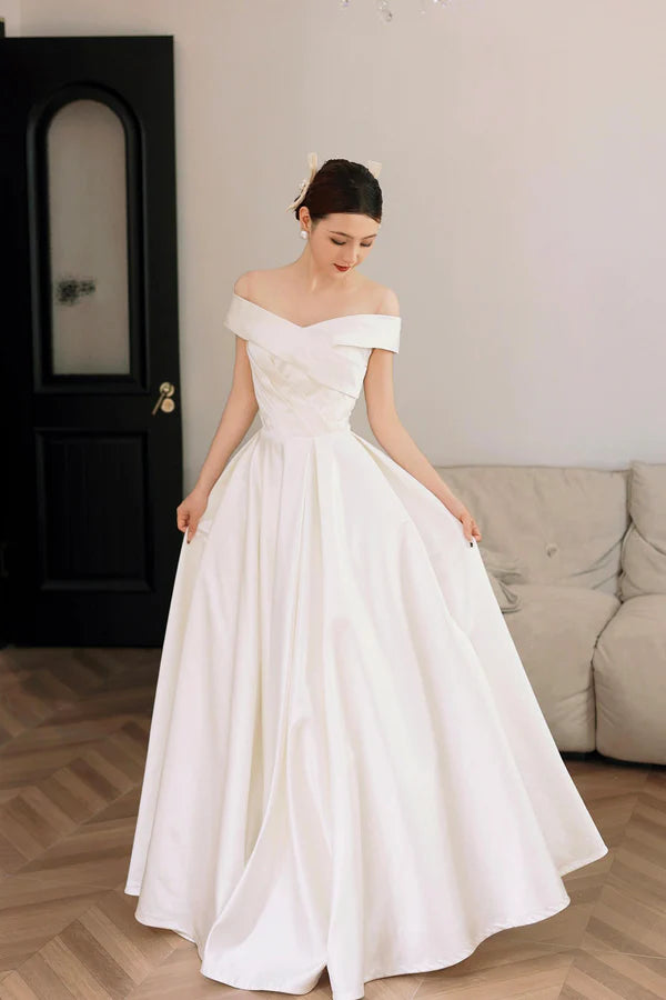 Wholesale White Satin Off the Shoulder Prom Dress A-Line Floor Length Evening Party Dress