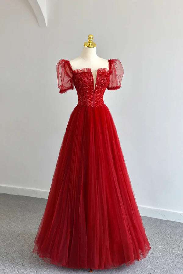 Wholesale Dark Red Tulle Floor Length Formal Dress Beautiful A-Line Short Sleeve Evening Dress with Beaded