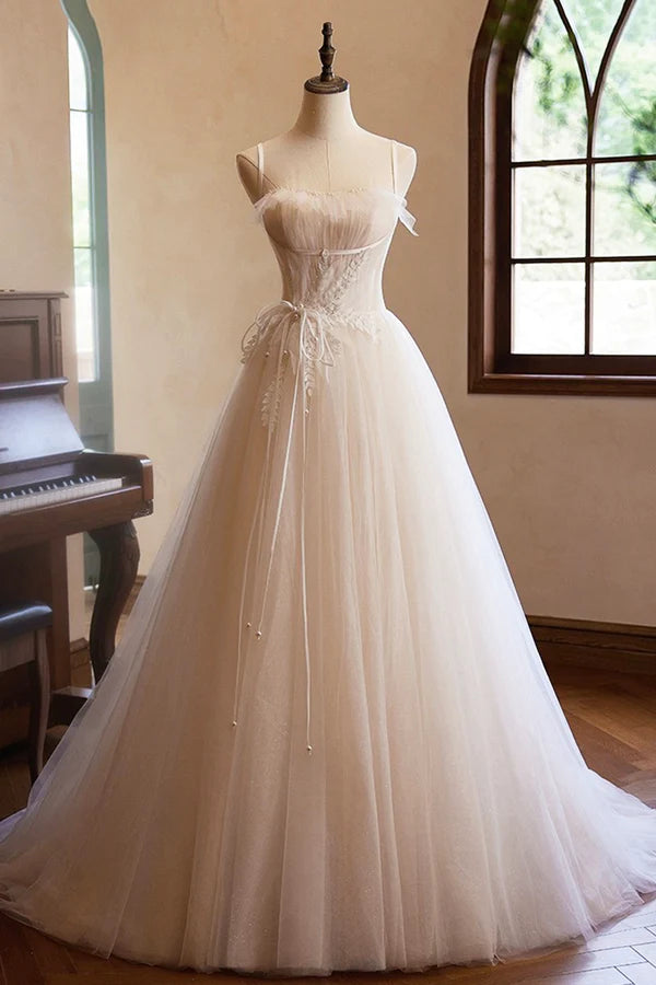 Wholesale Champagne Tulle Lace Long Prom Dress A-Line Spaghetti Straps Backless Evening Dress