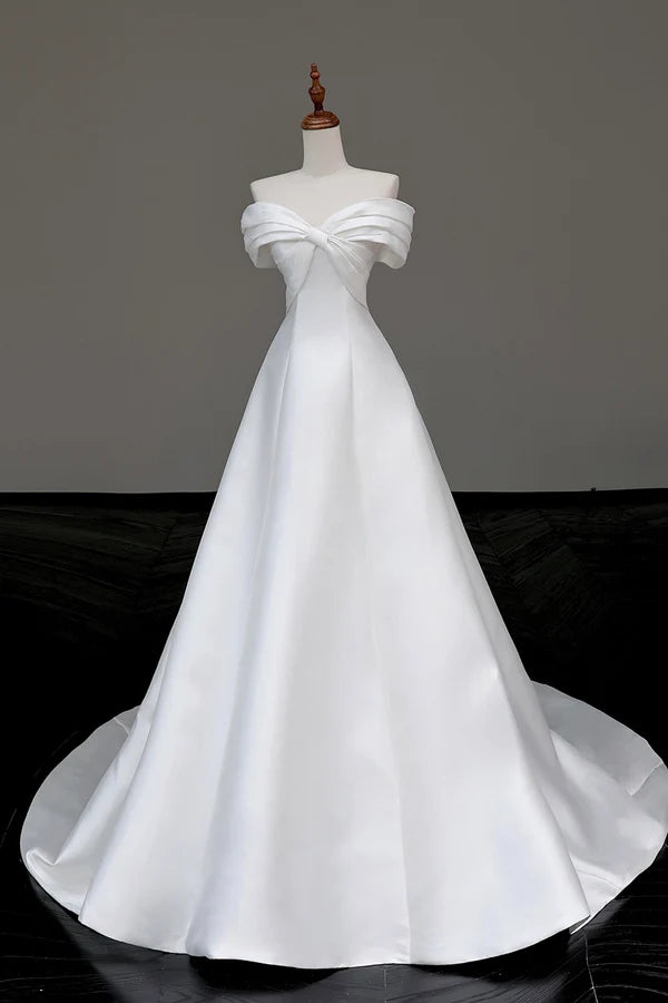 Wholesale White Satin Long Prom Dress Off the Shoulder A-Line Evening Party Dress
