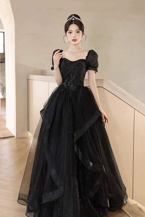 Wholesale Black Tulle Lace Short Sleeve Floor Length Prom Dress Black A-Line Evening Party Dress