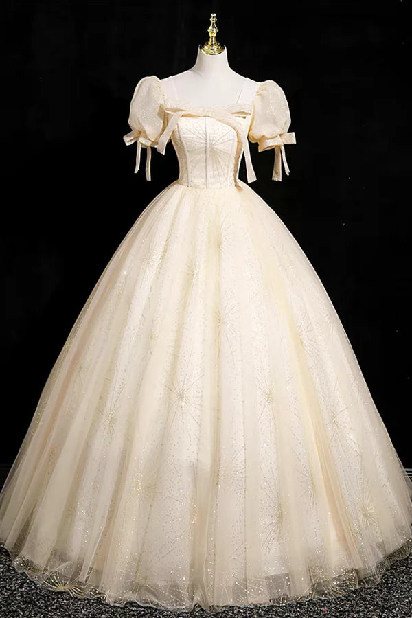 Wholesale Champagne Tulle Short Sleeve Floor Length Prom Dress Beautiful A-Line Evening Party Dress