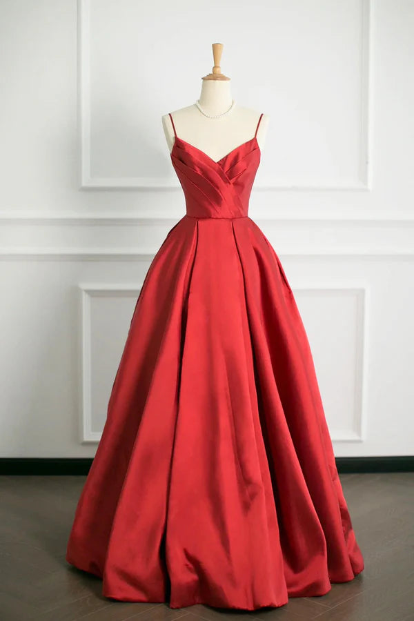 Wholesale Red V-Neck Satin Long A-Line Prom Dress Simple A-Line Backless Evening Party Dress