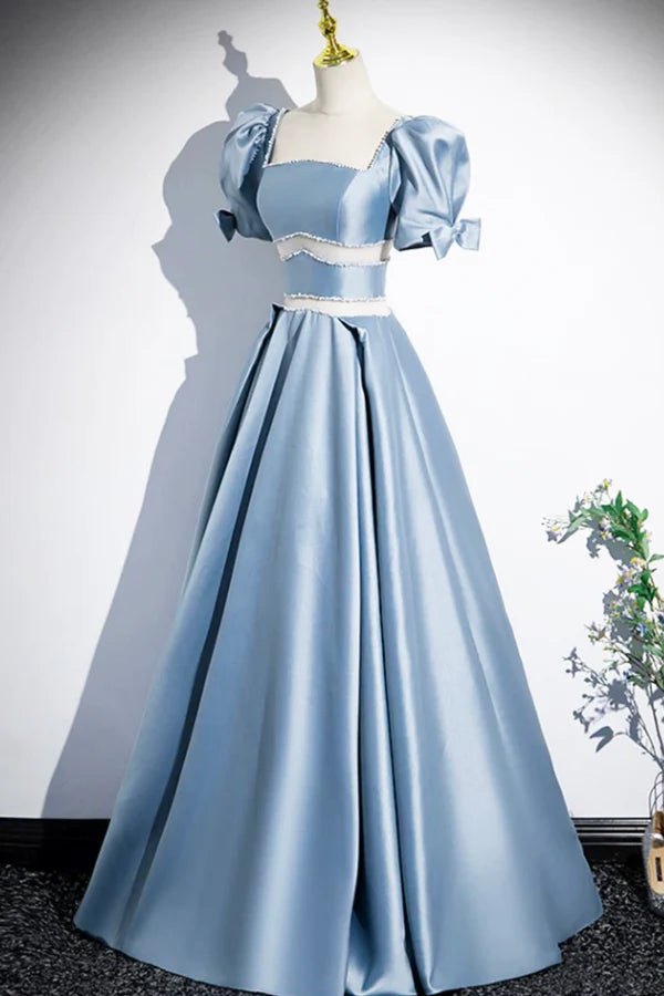 Wholesale Unique Blue Satin Long Prom Dress A-Line Short Sleeve Blue Evening Dress