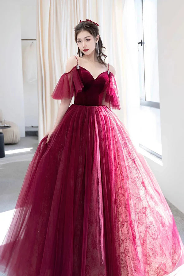 Wholesale Burgundy V-Neck Velvet and Tulle Long Prom Dress A-Line Spaghetti Strap Formal Evening Dress