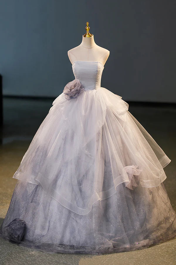 Wholesale Gorgeous Gray Tulle Long Formal Dress Gray Strapless Evening Dress