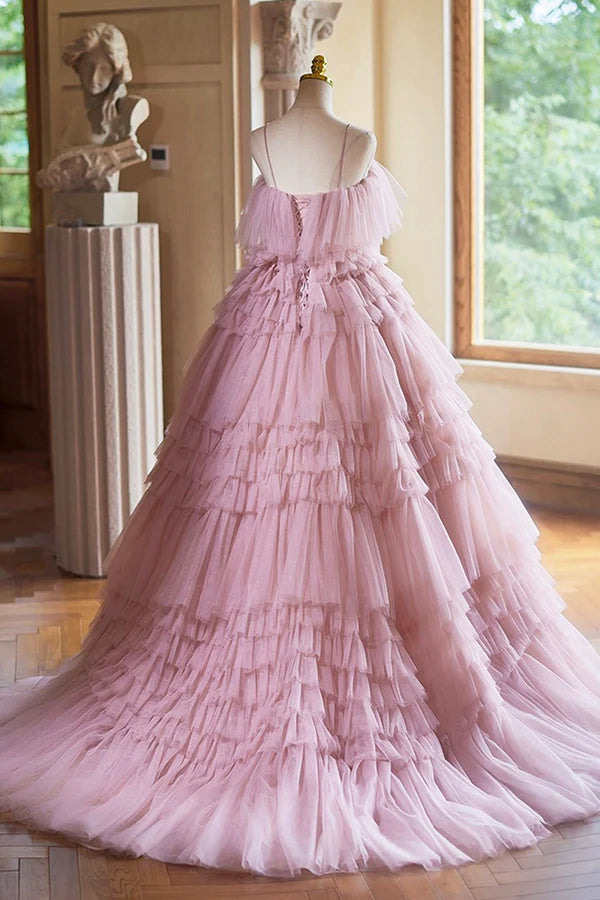 Wholesale Ball Gown Pink Tulle Spaghetti Strap Long Prom Evening Dress Pink Sweet 16 Dress