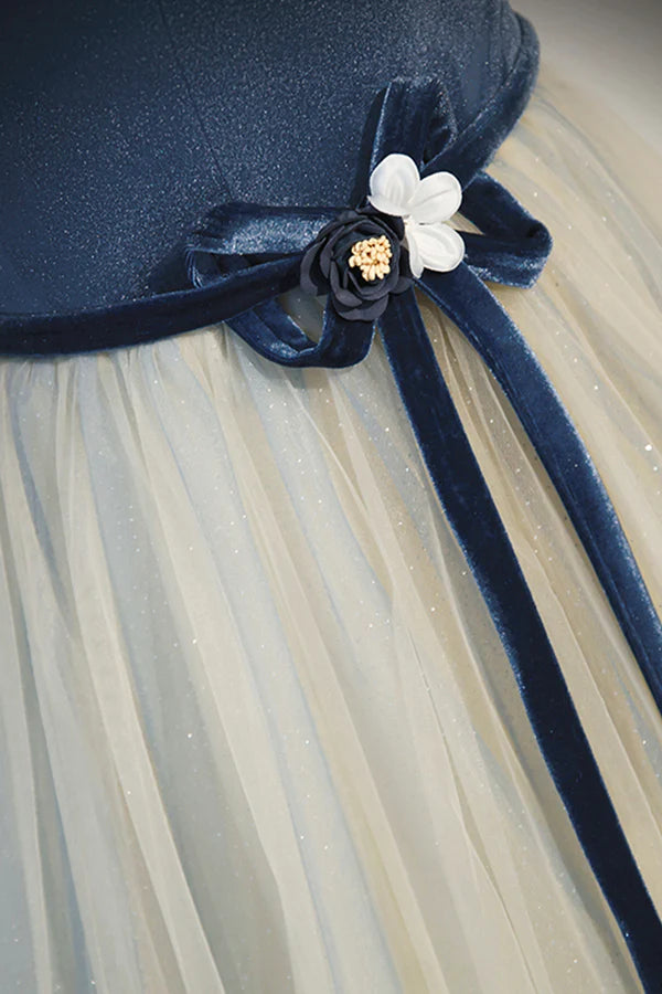 Wholesale Blue Beading Appliques V-Neck Floor Length Prom Dress Off the Shoulder Princess A-Line Formal Dress