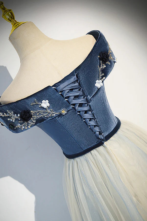 Wholesale Blue Beading Appliques V-Neck Floor Length Prom Dress Off the Shoulder Princess A-Line Formal Dress