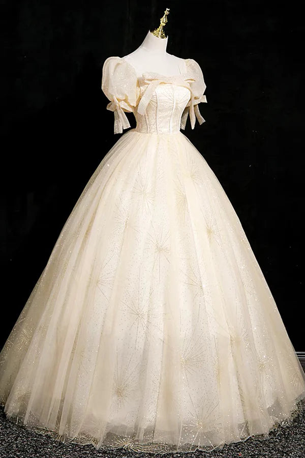 Wholesale Champagne Tulle Short Sleeve Floor Length Prom Dress Beautiful A-Line Evening Party Dress