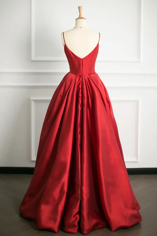 Wholesale Red V-Neck Satin Long A-Line Prom Dress Simple A-Line Backless Evening Party Dress