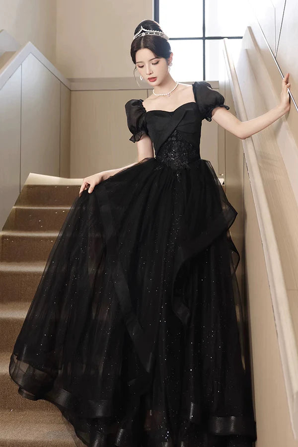 Wholesale Black Tulle Lace Short Sleeve Floor Length Prom Dress Black A-Line Evening Party Dress