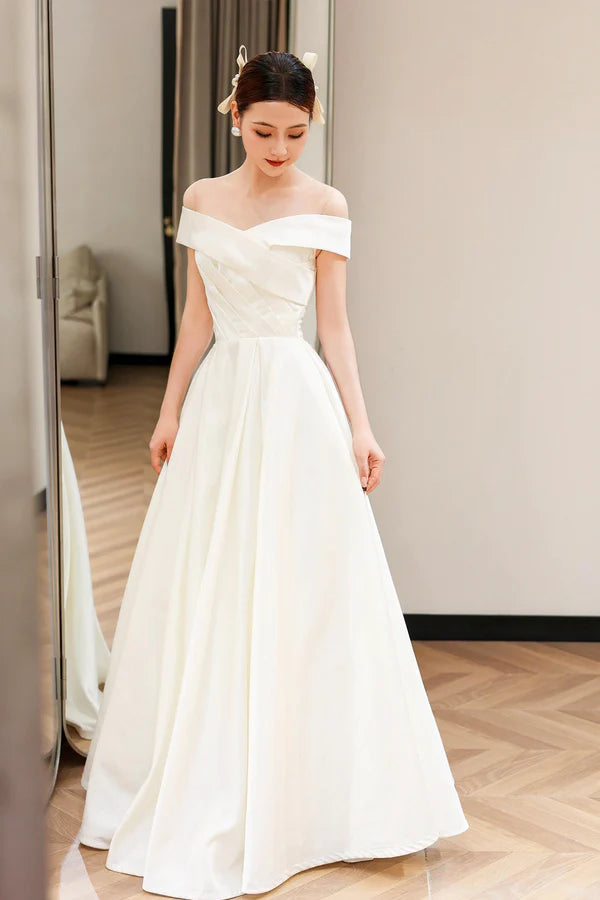 Wholesale White Satin Off the Shoulder Prom Dress A-Line Floor Length Evening Party Dress
