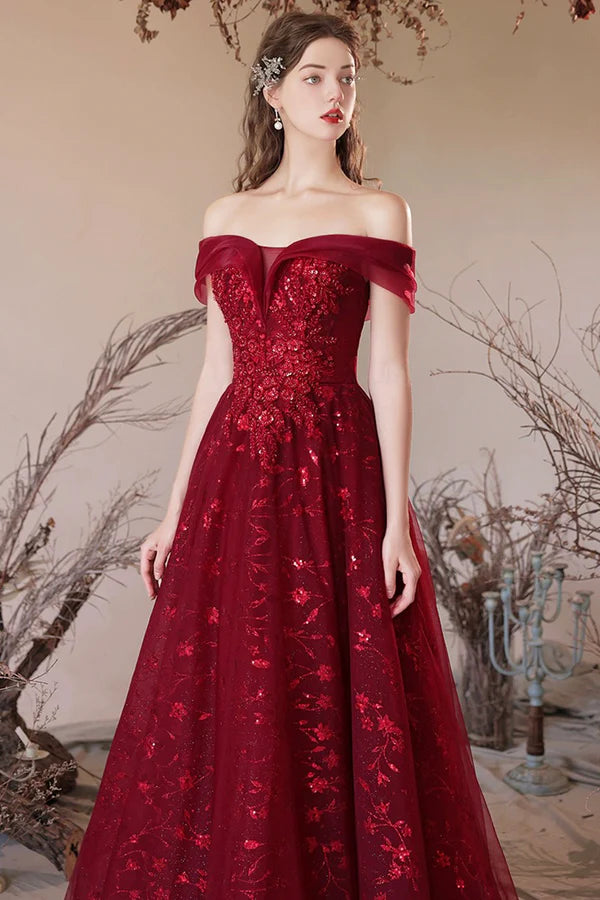 Wholesale Burgundy Tulle Sequins Long A-Line Prom Dress Off the Shoulder Evening Party Dress