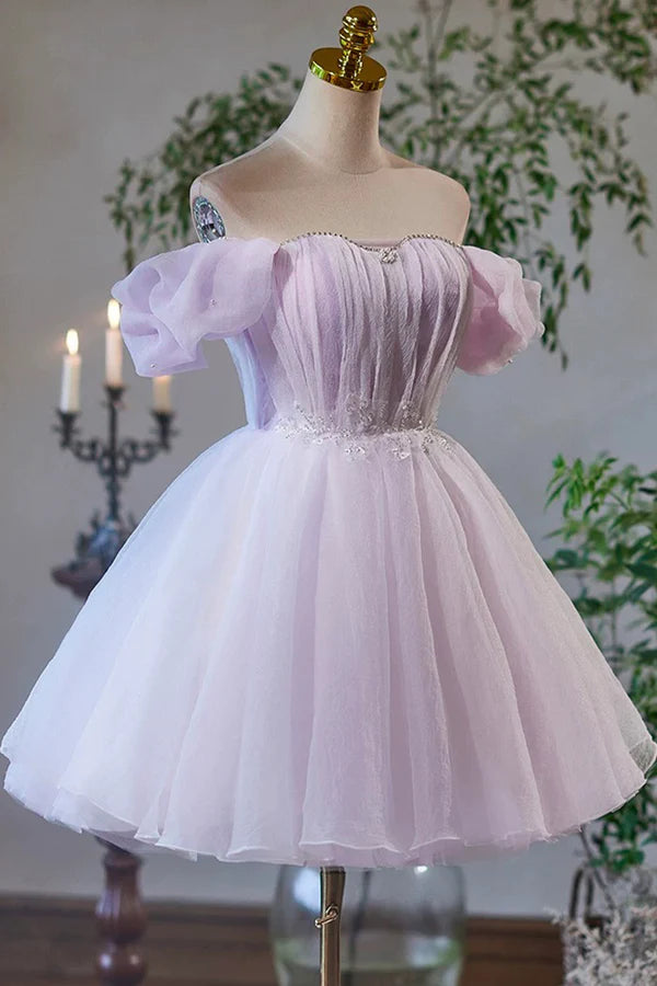 Wholesale Lilac Tulle Knee Length Party Dress Lovely A-Line Off the Shoulder Evening Dress