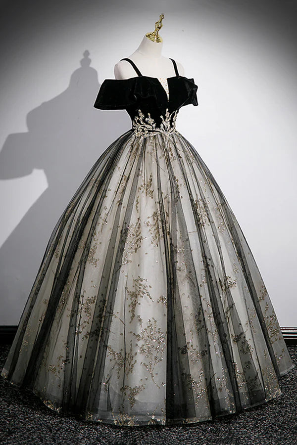 Wholesale Black Velvet and Sequins Long Prom Dress Black Off the Shoulder A-Line Evening Dress