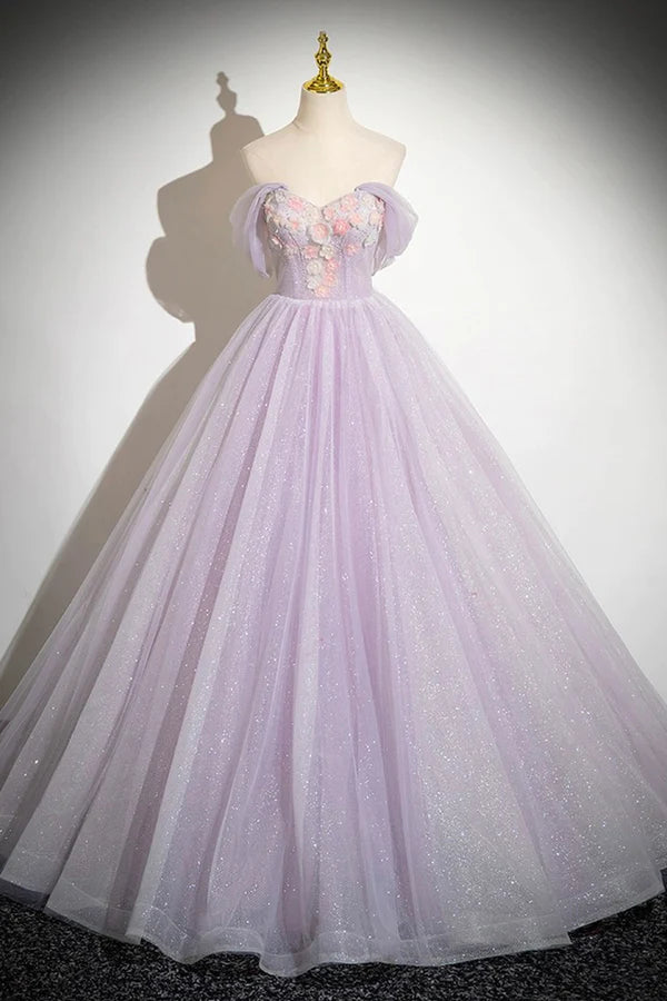 Wholesale Lilac Strapless Tulle Long Prom Dresses with Flowers Lilac Off the Shoulder Formal Evening Dresses