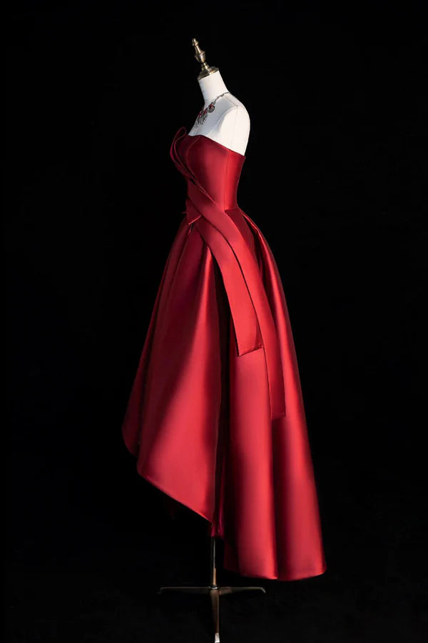 Wholesale A-Line Satin Short Prom Dress Burgundy Strapless High Low Party Dress