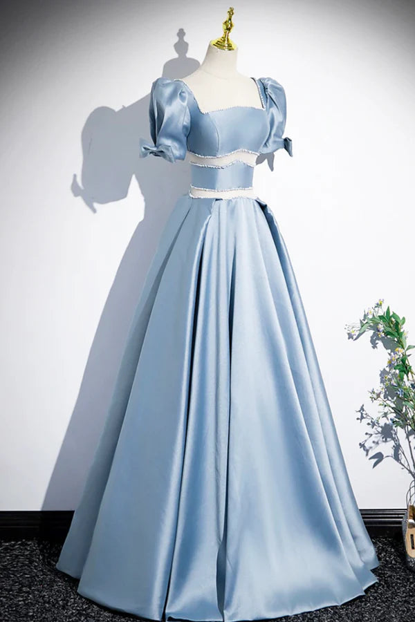 Wholesale Unique Blue Satin Long Prom Dress A-Line Short Sleeve Blue Evening Dress