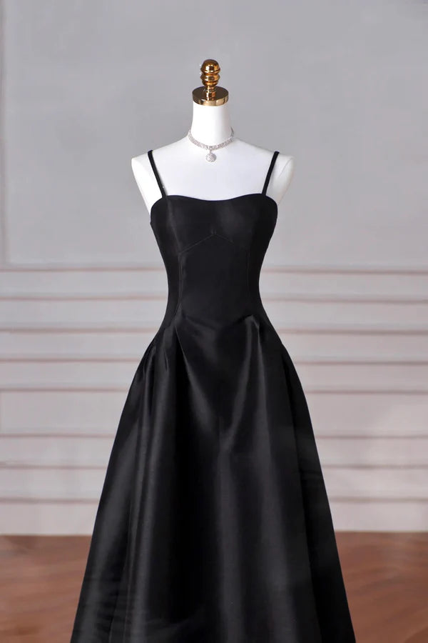 Wholesale Black Spaghetti Strap Satin Long Prom Dress A-Line Backless Evening Party Dress