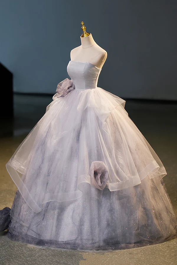 Wholesale Gorgeous Gray Tulle Long Formal Dress Gray Strapless Evening Dress