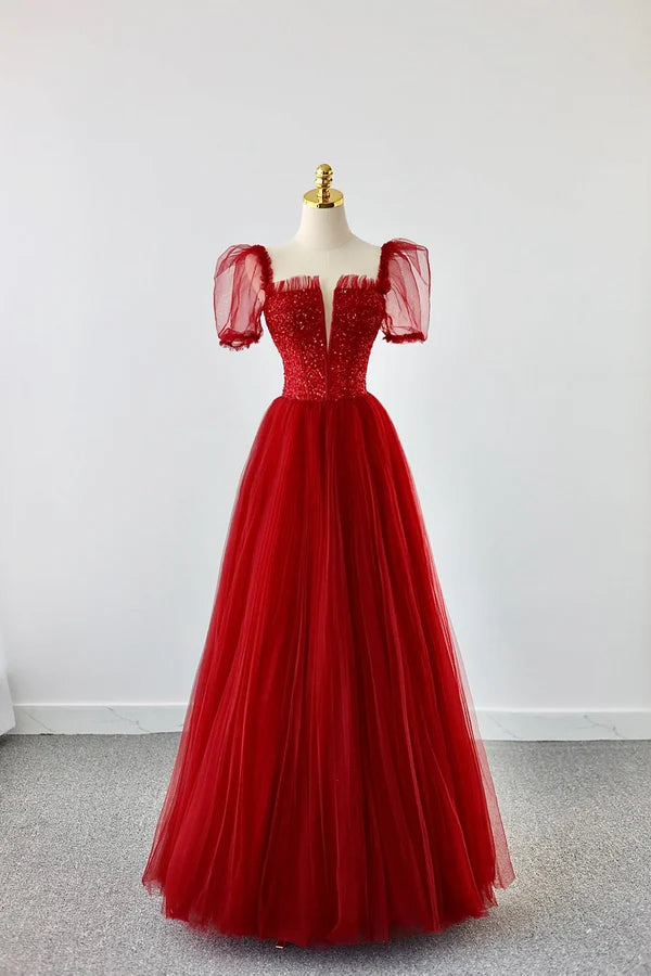 Wholesale Dark Red Tulle Floor Length Formal Dress Beautiful A-Line Short Sleeve Evening Dress with Beaded
