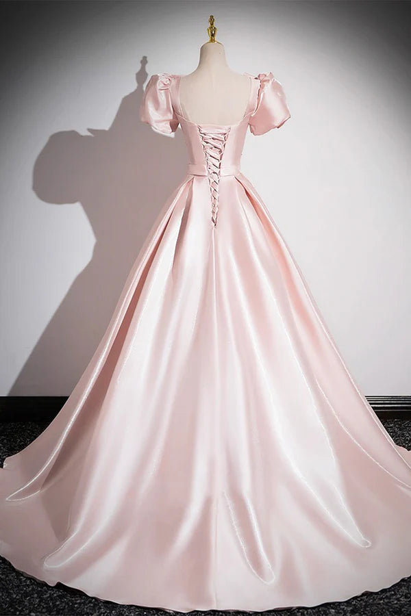 Wholesale Pink Scoop Neckline Satin Floor Length Prom Dress Pink Short Sleeve A-Line Party Dress
