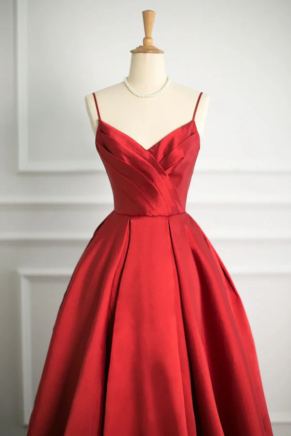Wholesale Red V-Neck Satin Long A-Line Prom Dress Simple A-Line Backless Evening Party Dress