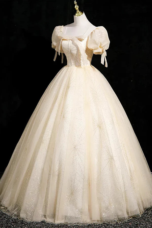 Wholesale Champagne Tulle Short Sleeve Floor Length Prom Dress Beautiful A-Line Evening Party Dress