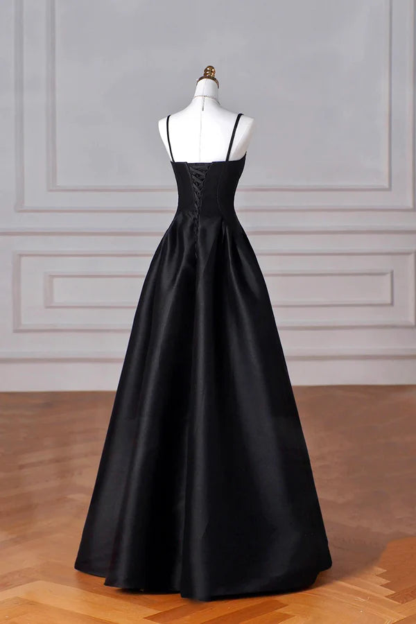 Wholesale Black Spaghetti Strap Satin Long Prom Dress A-Line Backless Evening Party Dress