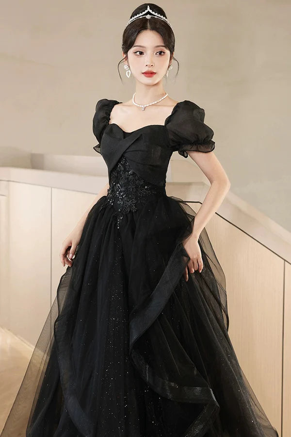 Wholesale Black Tulle Lace Short Sleeve Floor Length Prom Dress Black A-Line Evening Party Dress