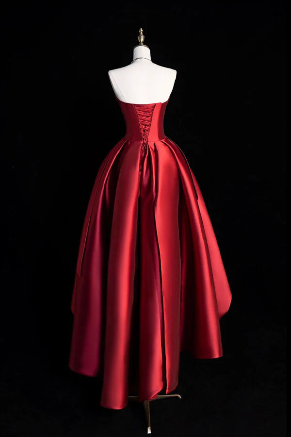 Wholesale A-Line Satin Short Prom Dress Burgundy Strapless High Low Party Dress