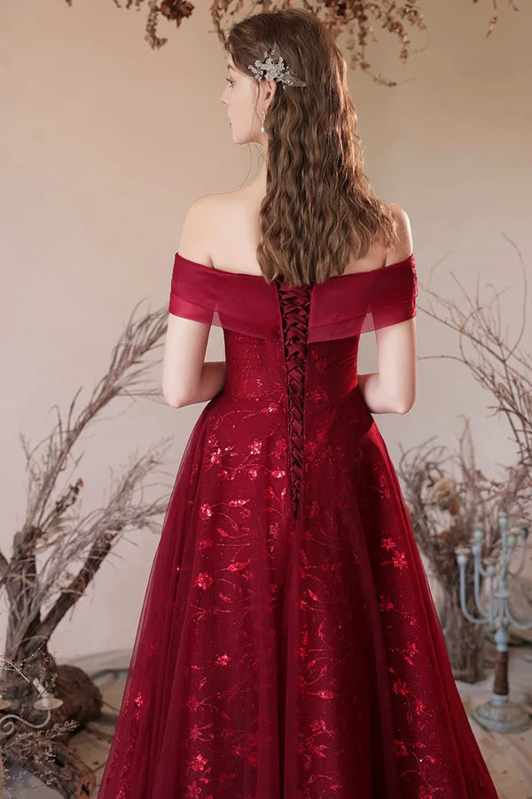 Wholesale Burgundy Tulle Sequins Long A-Line Prom Dress Off the Shoulder Evening Party Dress