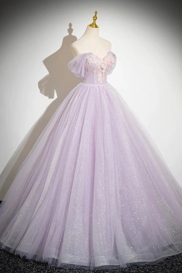 Wholesale Lilac Strapless Tulle Long Prom Dresses with Flowers Lilac Off the Shoulder Formal Evening Dresses