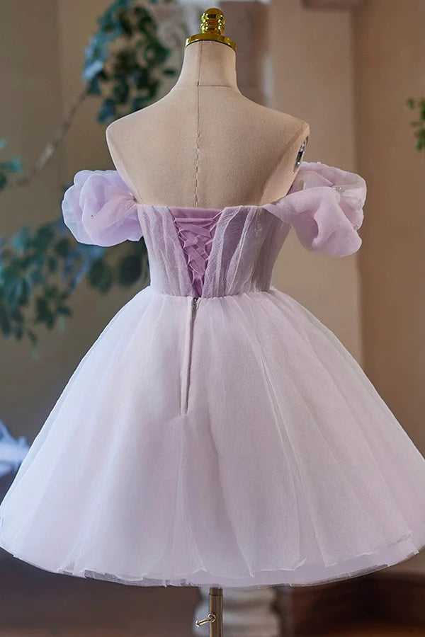 Wholesale Lilac Tulle Knee Length Party Dress Lovely A-Line Off the Shoulder Evening Dress