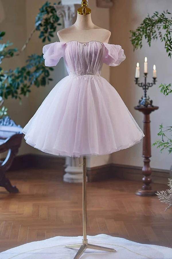 Wholesale Lilac Tulle Knee Length Party Dress Lovely A-Line Off the Shoulder Evening Dress